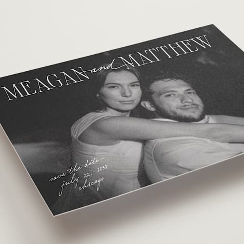 This is a pearl petite save the dates with standard by Mellary Bitner called cover shot printing on recycled smooth signature in petite
