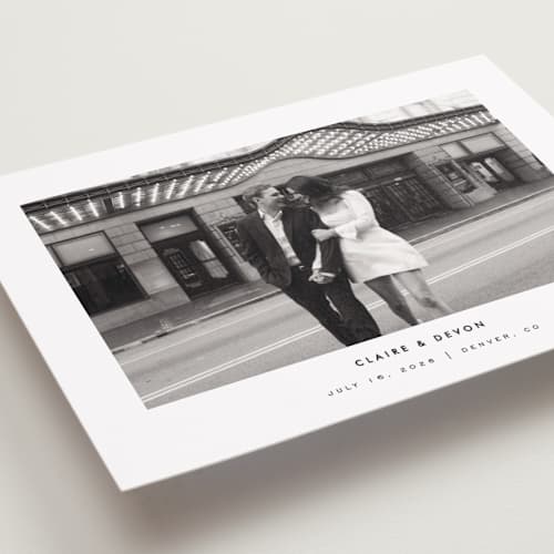 This is a silk petite save the dates with standard by Kelly Schmidt called framed minimalist printing on recycled smooth signature in petite