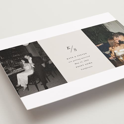 This is a dove petite save the dates with standard by Olivia Kanaley Inman called parker printing on recycled smooth signature in petite