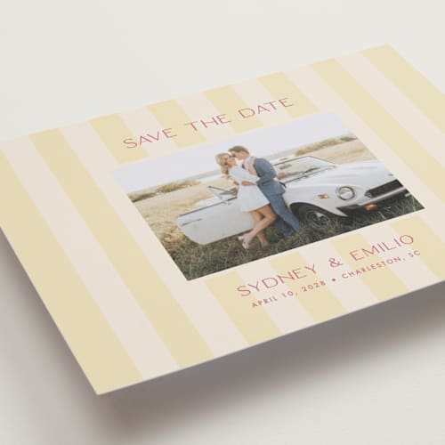 This is a lemon petite save the dates with standard by Ellen Schlegelmilch called palmetto printing on recycled smooth signature in petite