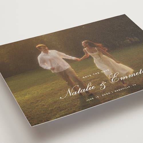 This is a ivory petite save the dates with standard by Emily Betts called story printing on recycled smooth signature in petite