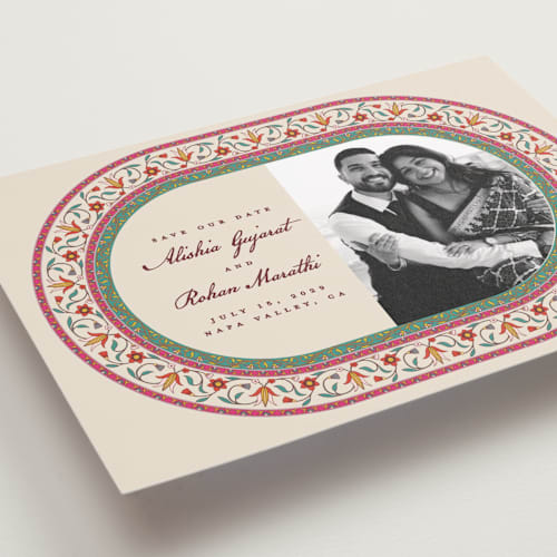This is a ivory petite save the dates with standard by Sherley Ferreira called mughal gardens printing on recycled smooth signature in petite