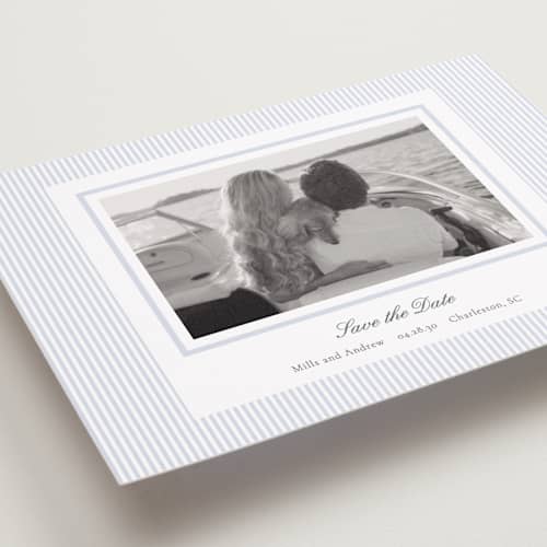 This is a sky petite save the dates with standard by Sara Hicks Malone called seersucker stripe printing on recycled smooth signature in petite