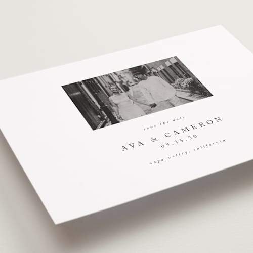 This is a onyx petite save the dates with standard by Jennifer Postorino called simple elegance printing on recycled smooth signature in petite