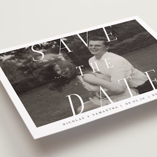 This is a ink petite save the dates with standard by Olivia Raufman called felicity printing on recycled smooth signature in petite
