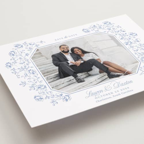 This is a sky petite save the dates with standard by Robert and Stella called framed florals printing on recycled smooth signature in petite