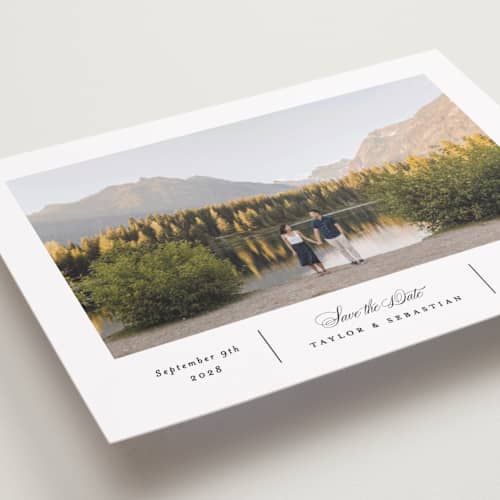 This is a alabaster petite save the dates with standard by Erica Krystek called simple columns printing on recycled smooth signature in petite