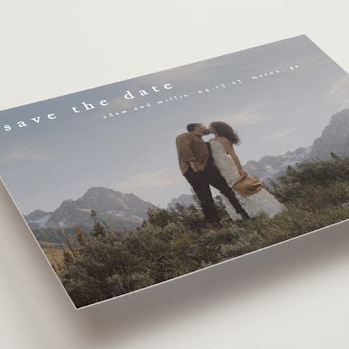 This is a cotton petite save the dates with standard by Stacey Meacham called typographic header printing on recycled smooth signature in petite