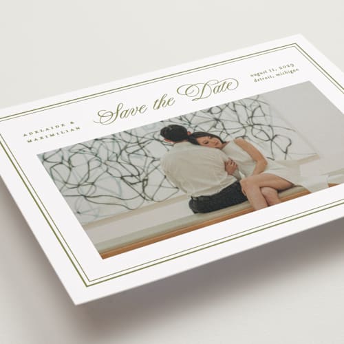 This is a olive petite save the dates with standard by Ellen Schlegelmilch called museo printing on recycled smooth signature in petite