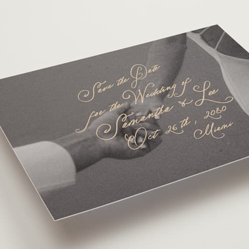 This is a wheat petite save the dates with standard by AK Graphics called twirl printing on recycled smooth signature in petite