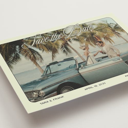 This is a palm sage petite save the dates with standard by Ani Somi called sunset ave printing on recycled smooth signature in petite