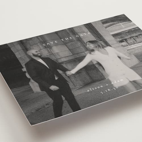 This is a cotton petite save the dates with standard by Amy Kross called veneer printing on recycled smooth signature in petite