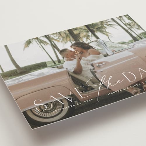 This is a snow petite save the dates with standard by Yaling Hou Suzuki called a fun ride printing on recycled smooth signature in petite