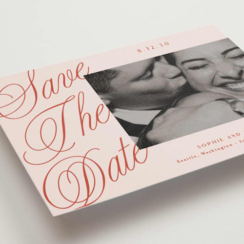 This is a cherry petite save the dates with standard by Alethea and Ruth called script overlay printing on recycled smooth signature in petite