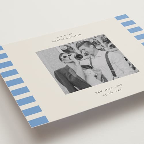 This is a sky petite save the dates with standard by Jackie Crawford called modern border printing on recycled smooth signature in petite