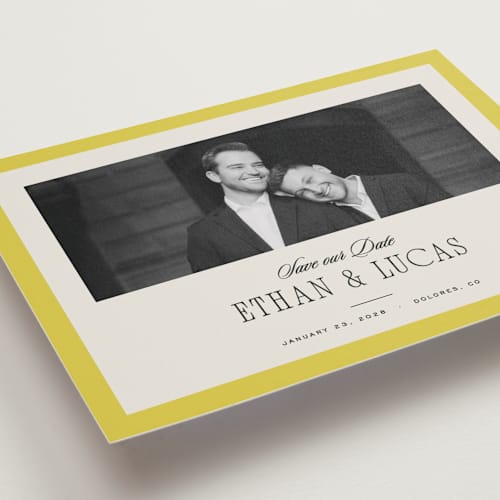 This is a citron petite save the dates with standard by Blustery August called mille-feuille printing on recycled smooth signature in petite