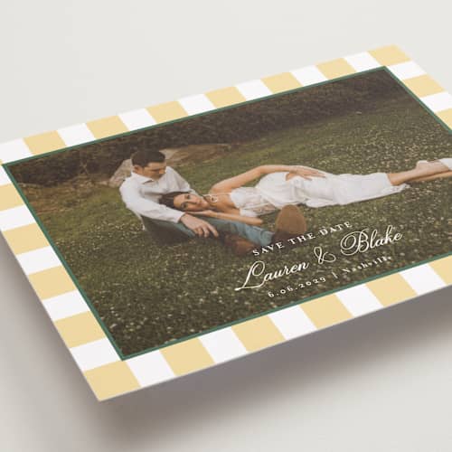 This is a citrine petite save the dates with standard by Emily Betts called curved frame printing on recycled smooth signature in petite