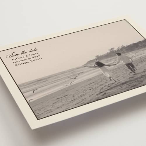 This is a chocolate petite save the dates with standard by Ellen Schlegelmilch called kathryn printing on recycled smooth signature in petite