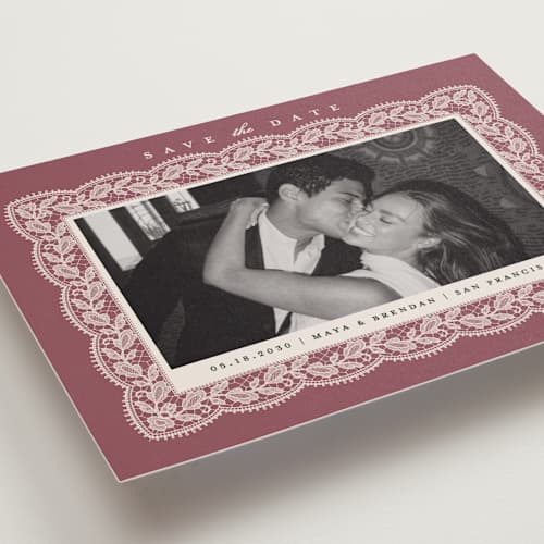 This is a mauve petite save the dates with standard by Erica Krystek called chantilly printing on recycled smooth signature in petite