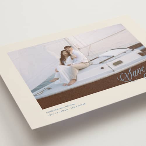 This is a capri petite save the dates with standard by Creo Study called classic contemporary printing on recycled smooth signature in petite