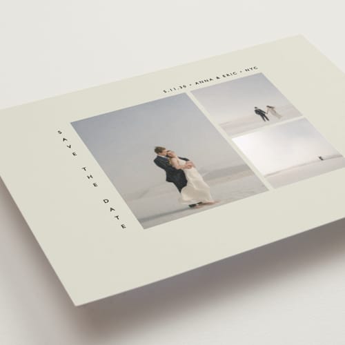 This is a vanilla petite save the dates with standard by Bryanna Mehner called minimal printing on recycled smooth signature in petite