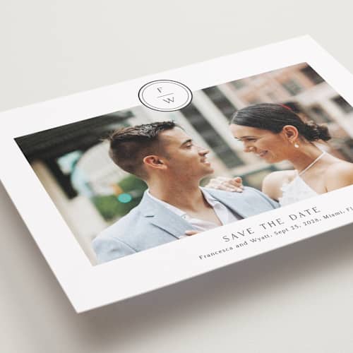 This is a cotton petite save the dates with standard by Stacey Meacham called circle monogram printing on recycled smooth signature in petite