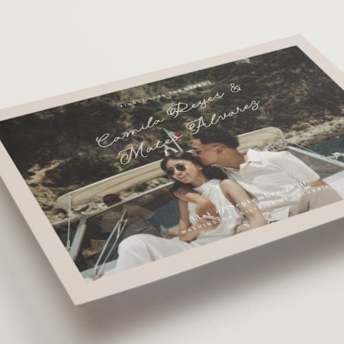 This is a yachting petite save the dates with standard by Design Lotus called where our story begins printing on recycled smooth signature in petite
