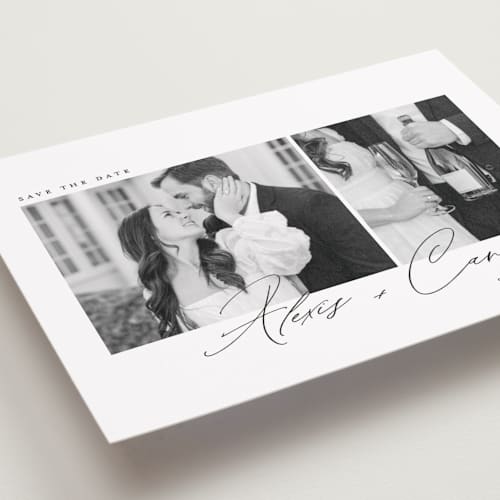 This is a noir petite save the dates with standard by Emily Betts called simple two printing on recycled smooth signature in petite