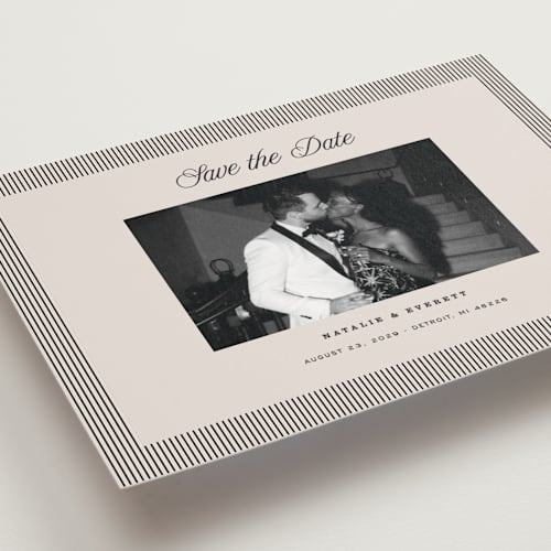 This is a noir petite save the dates with standard by Pixel and Hank called linea printing on recycled smooth signature in petite