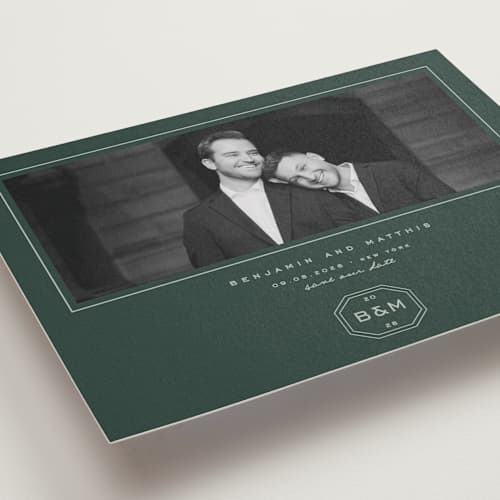 This is a garden petite save the dates with standard by Blustery August called beignet printing on recycled smooth signature in petite