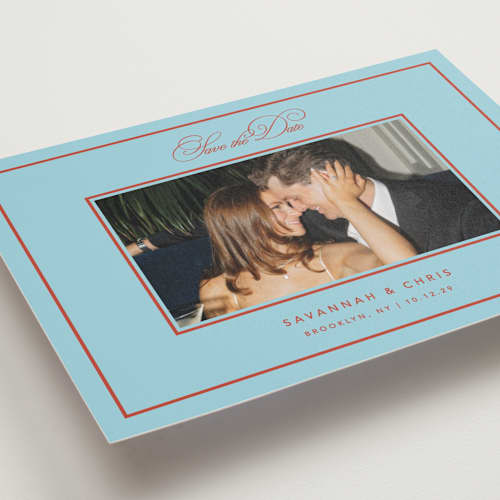 This is a sky petite save the dates with standard by Kelly Watkins called vivid printing on recycled smooth signature in petite