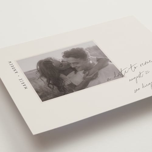 This is a truffle petite save the dates with standard by Vera Lim called offset printing on recycled smooth signature in petite