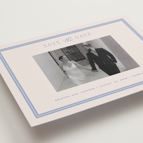 This is a periwinkle petite save the dates with standard by Hooray Creative called twin border printing on recycled smooth signature in petite