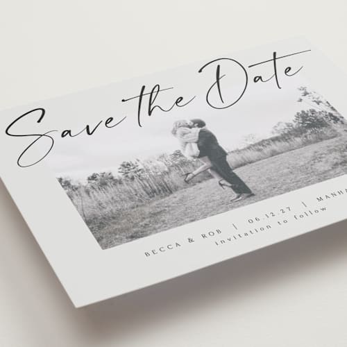 This is a ash petite save the dates with standard by AK Graphics called flash dance printing on recycled smooth signature in petite