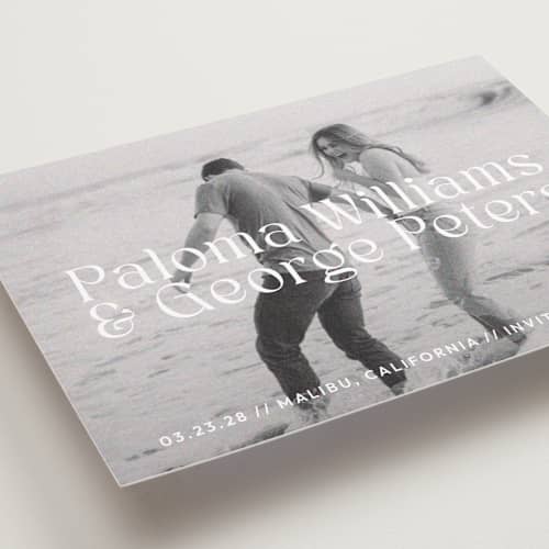 This is a powder petite save the dates with standard by Megan Davis called faded printing on recycled smooth signature in petite