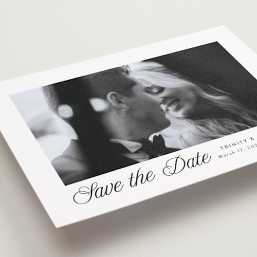 This is a tux petite save the dates with standard by Susan Asbill called classically printing on recycled smooth signature in petite