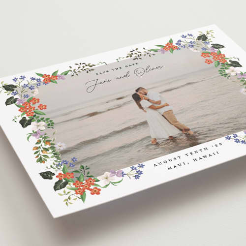 This is a lotus petite save the dates with standard by Sarah Knight called tropicana printing on recycled smooth signature in petite