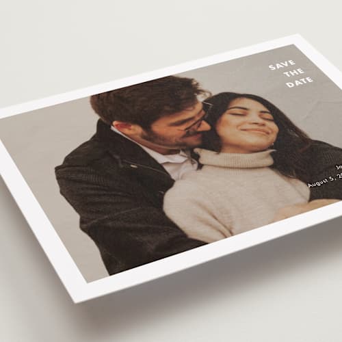 This is a cotton petite save the dates with standard by Stacey Meacham called minimalist border printing on recycled smooth signature in petite