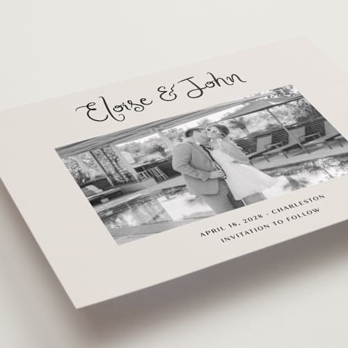 This is a tuxedo petite save the dates with standard by Megan Davis called camellia printing on recycled smooth signature in petite