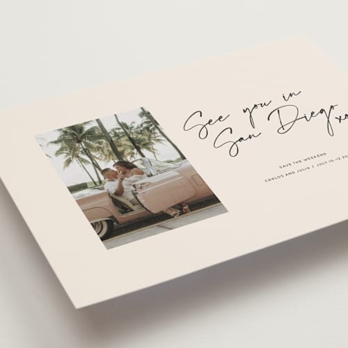 This is a mellow petite save the dates with standard by Inkblot Design called heated printing on recycled smooth signature in petite
