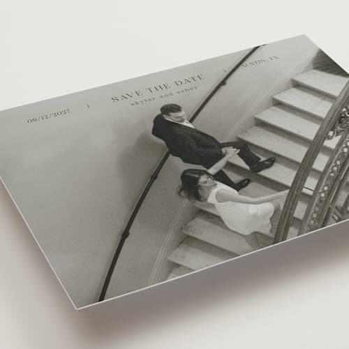 This is a noir petite save the dates with standard by Tamara Hilje called in line printing on recycled smooth signature in petite