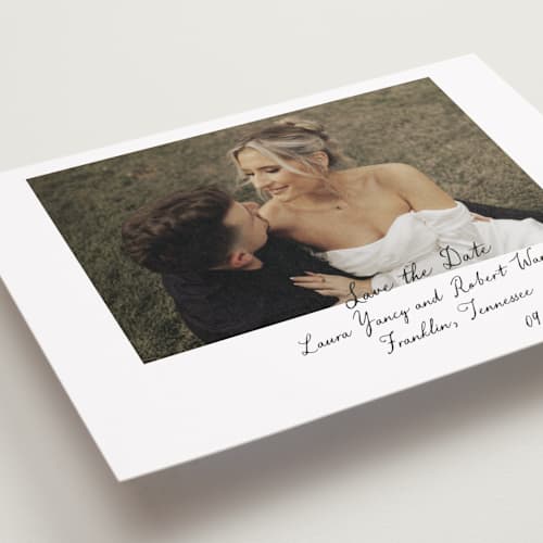 This is a snow petite save the dates with standard by Sara Hicks Malone called vintage script printing on recycled smooth signature in petite