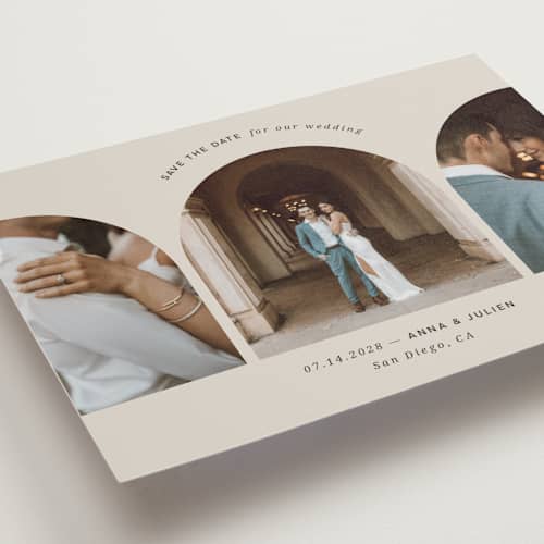 This is a sand petite save the dates with standard by Kristin Oliversen called pure elegance printing on recycled smooth signature in petite