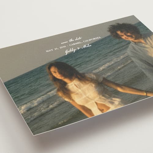 This is a snow petite save the dates with standard by Kate Ahn called alma printing on recycled smooth signature in petite