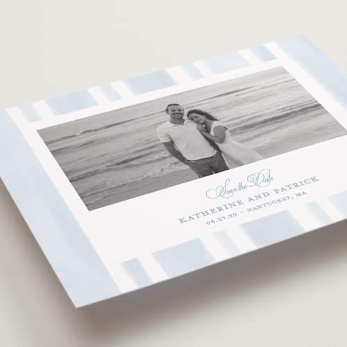This is a ocean petite save the dates with standard by Creo Study called coastal crest printing on recycled smooth signature in petite