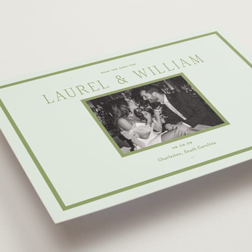 This is a forest petite save the dates with standard by Sara Hicks Malone called dewberry printing on recycled smooth signature in petite