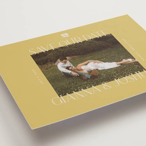 This is a summer citrus petite save the dates with standard by Vera Lim called the gallery printing on recycled smooth signature in petite