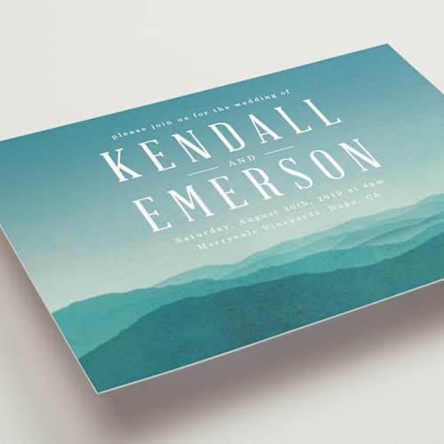 This is a sky petite wedding invitations with standard by Kelly Schmidt called misty mountain range printing on signature in petite