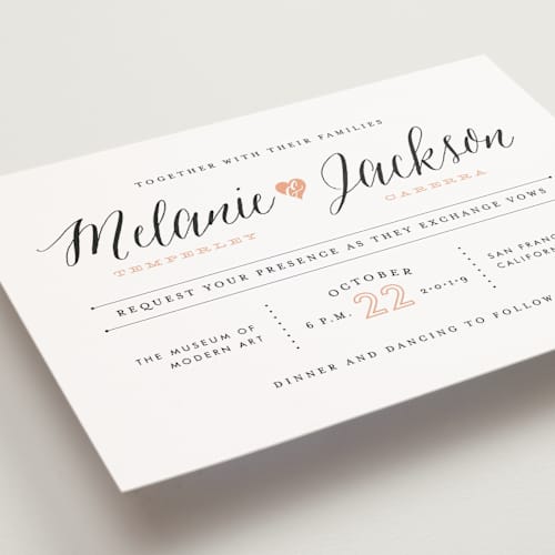 This is a petal petite wedding invitations with standard by Sarah Curry called heartbeat printing on signature in petite