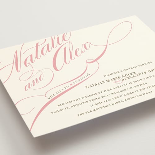 This is a petal pink petite wedding invitations with standard by Annie Clark called winter flourish printing on signature in petite